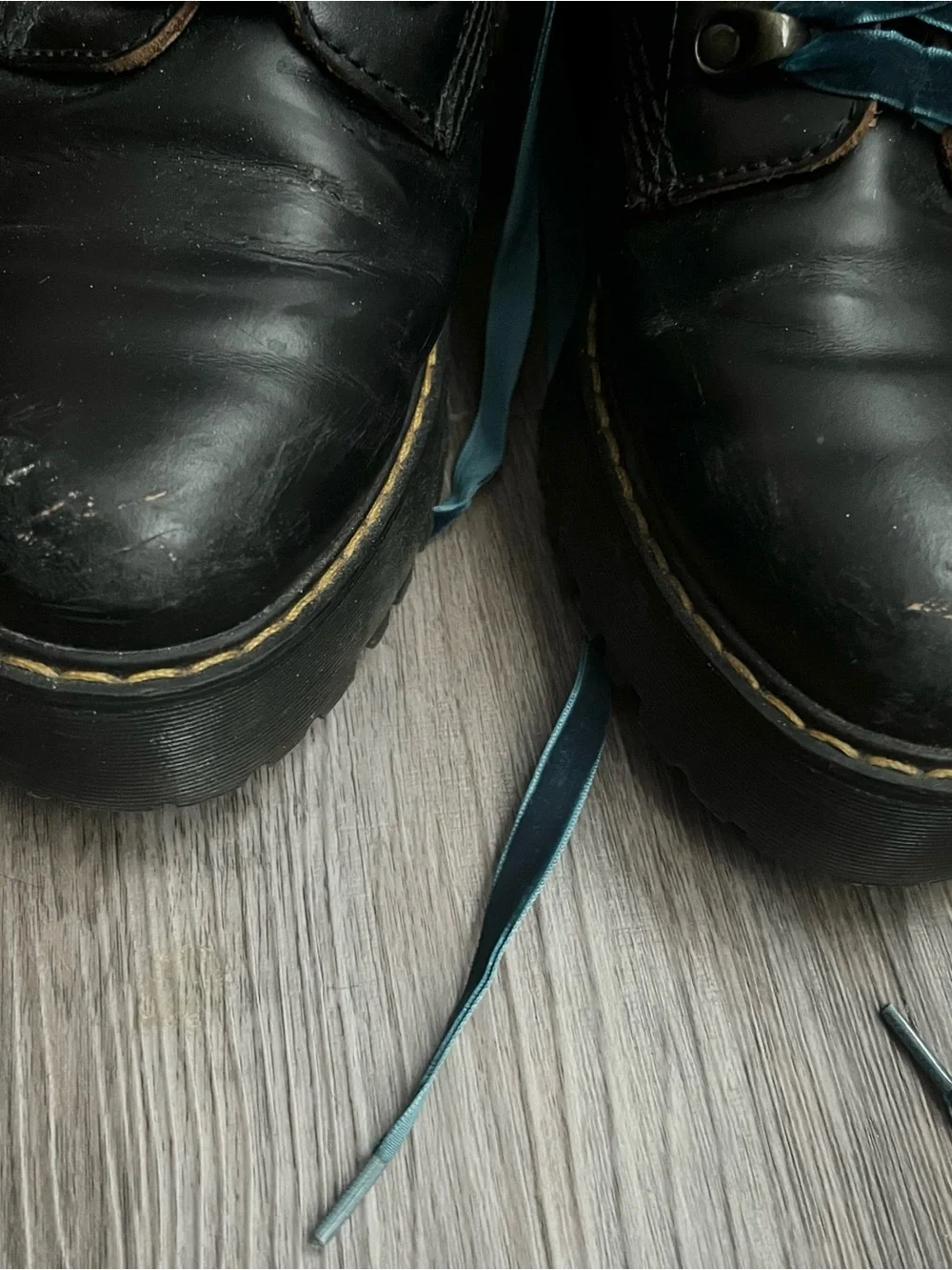 Dr. Martens Black Leather Combat Boots with Teal Laces - Picture 7 of 9